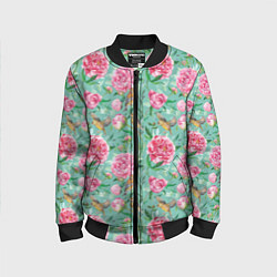 Бомбер детский Пионы и зеленушка на зеленом, цвет: 3D-черный