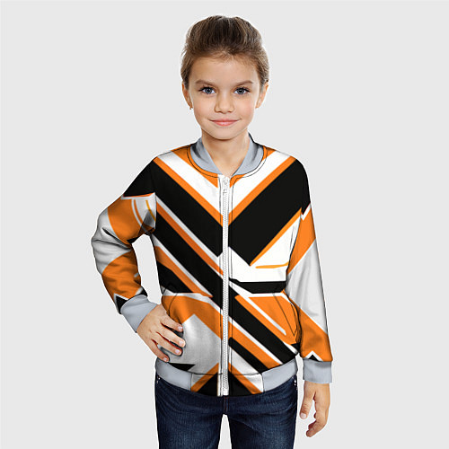 Детский бомбер Чёрно-оранжевые широкие линии на белом фоне / 3D-Серый – фото 4