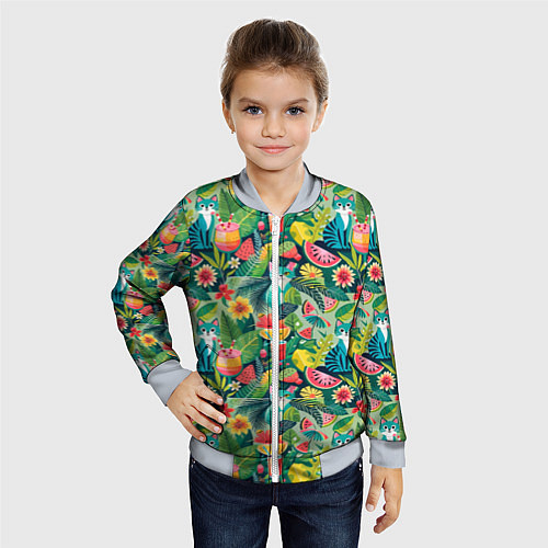 Детский бомбер Летние тропические котики с арбузным коктейлем / 3D-Серый – фото 4