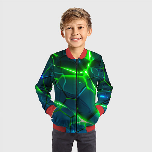 Детский бомбер Неоновые яркие зеленые разломленные плиты со свето / 3D-Красный – фото 3