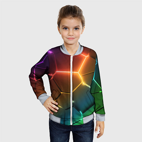 Детский бомбер Радужные неоновые плиты в разломе / 3D-Серый – фото 4