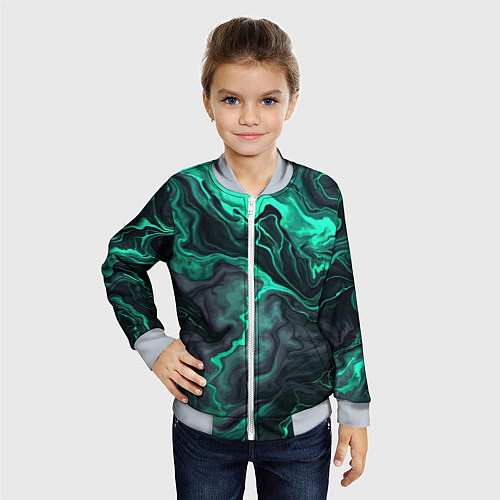 Детский бомбер Бирюзовый мрамор на черном фоне / 3D-Серый – фото 4