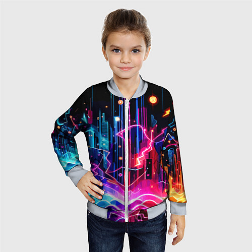Детский бомбер Neon fantasy - ai art / 3D-Серый – фото 4