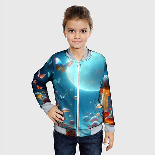 Детский бомбер Сказочные грибы и бабочки под луной - фантазия / 3D-Серый – фото 4
