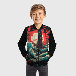 Бомбер детский Маяк и волны в японском стиле, цвет: 3D-черный — фото 2