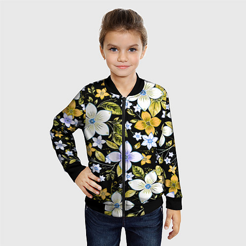 Детский бомбер Жёлто-белые цветы на чёрном фоне / 3D-Черный – фото 4