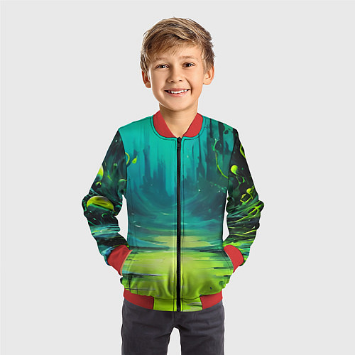 Детский бомбер Зелёная кислотная абстракция / 3D-Красный – фото 3