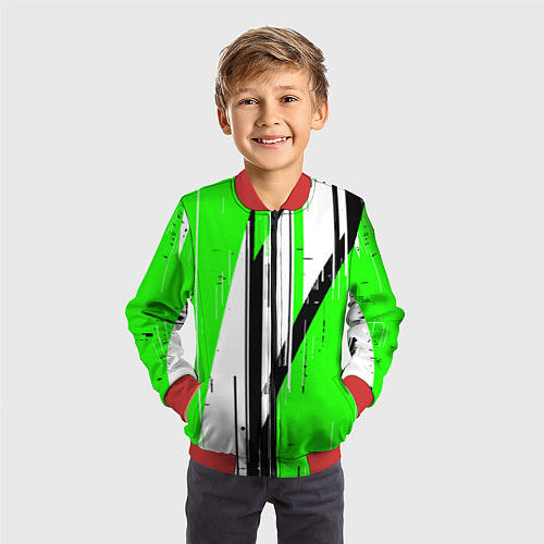 Детский бомбер Black and white vertical stripes on a green backgr / 3D-Красный – фото 3