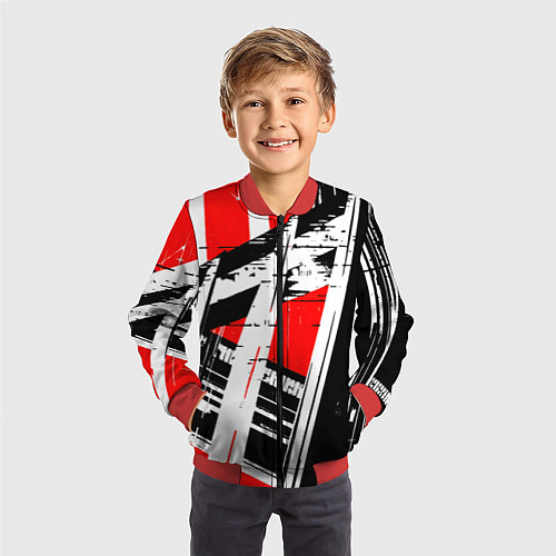 Детский бомбер Чёрно-белые абстрактные линии на красном фоне / 3D-Красный – фото 3