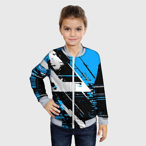 Детский бомбер Diagonal black and white stripes on a blue backgro / 3D-Серый – фото 4