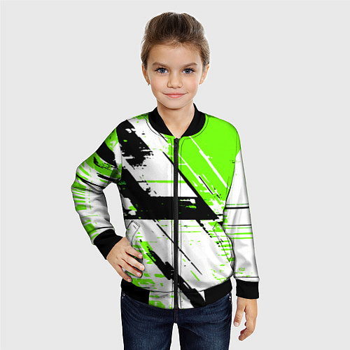 Детский бомбер Diagonal black and green stripes on a white backgr / 3D-Черный – фото 4