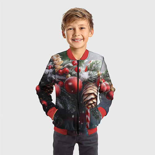 Детский бомбер Новогодние украшения на ветках / 3D-Красный – фото 3