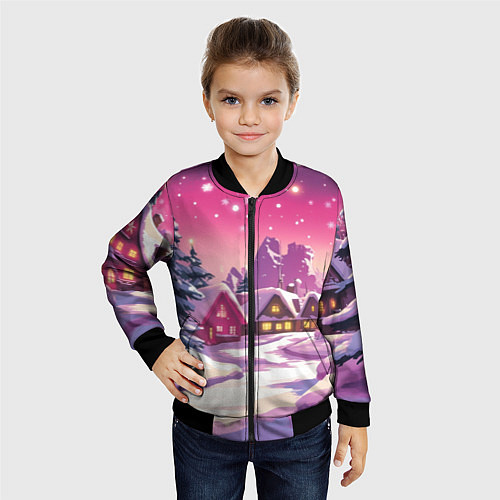 Детский бомбер Новогодние домики и фиолетовый закат / 3D-Черный – фото 4