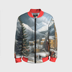 Бомбер детский Новогодняя огромная елка и маленькие домики, цвет: 3D-красный