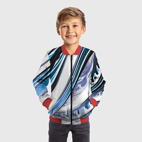 Детский бомбер Волнистая бело-синяя абстракция / 3D-Красный – фото 3