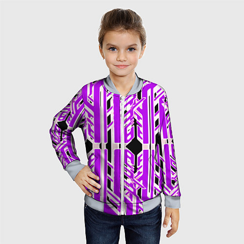 Детский бомбер Бело-фиолетовые техно полосы на чёрном фоне / 3D-Серый – фото 4