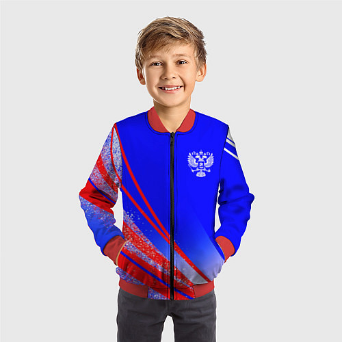 Детский бомбер Герб России на фоне цветов флага государства / 3D-Красный – фото 3