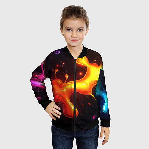 Детский бомбер Радужные кляксы на черном фоне / 3D-Черный – фото 4