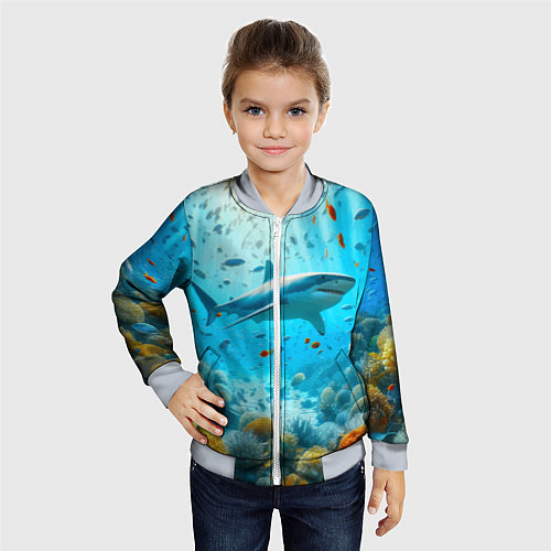Детский бомбер Белая акула в коралловом рифе / 3D-Серый – фото 4