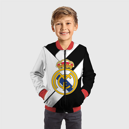 Детский бомбер Реал Мадрид черно белые полосы / 3D-Красный – фото 3