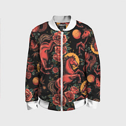 Детский бомбер Красная лошадь с розами