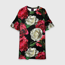 Платье клеш для девочки Красные и белые розы, цвет: 3D-принт