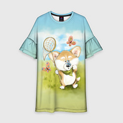 Платье клеш для девочки Корги и бабочка, цвет: 3D-принт