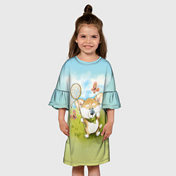 Платье клеш для девочки Корги и бабочка, цвет: 3D-принт — фото 2