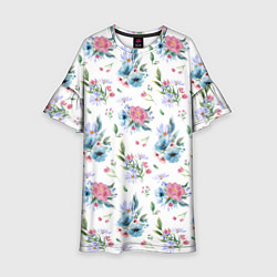 Платье клеш для девочки Весенние акварельные цветы, цвет: 3D-принт