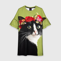 Платье клеш для девочки Кот и цветы, цвет: 3D-принт