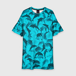 Платье клеш для девочки Синий камуфляж с дельфинами, цвет: 3D-принт