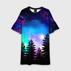 Платье клеш для девочки Космический лес, елки и звезды, цвет: 3D-принт
