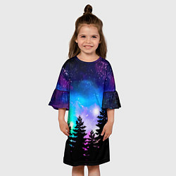 Платье клеш для девочки Космический лес, елки и звезды, цвет: 3D-принт — фото 2