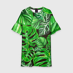 Платье клеш для девочки Тропические листья на темном фоне, цвет: 3D-принт