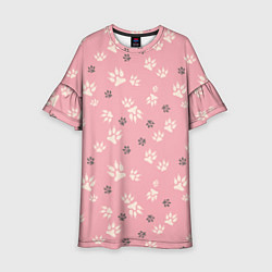 Платье клеш для девочки Розовый принт лапки, цвет: 3D-принт