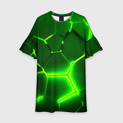 Платье клеш для девочки 3D ПЛИТЫ НЕОН NEON GREEN HEXAGON РАЗЛОМ, цвет: 3D-принт