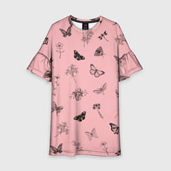 Платье клеш для девочки Цветочки и бабочки на розовом фоне, цвет: 3D-принт