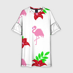 Платье клеш для девочки Розовый фламинго с цветами, цвет: 3D-принт