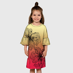 Платье клеш для девочки Черные абстрактные цветы на красно-желтом градиент, цвет: 3D-принт — фото 2