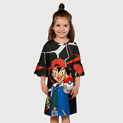 Платье клеш для девочки Эш Кетчум с покебол -шаром, цвет: 3D-принт — фото 2