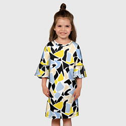 Платье клеш для девочки Абстрактный узор в желто-голубых тонах на черном ф, цвет: 3D-принт — фото 2