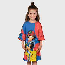Платье клеш для девочки Эш Кетчум с другом Покемоном, цвет: 3D-принт — фото 2
