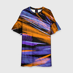 Платье клеш для девочки Неоновые прерывающиеся линии - Оранжевый и фиолето, цвет: 3D-принт