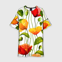 Платье клеш для девочки Волнообразный узор из цветков мака Лето, цвет: 3D-принт