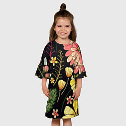 Платье клеш для девочки Яркие цветы на фоне тёмной летней ночи!, цвет: 3D-принт — фото 2