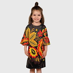 Платье клеш для девочки Хохломская Роспись Цветы На Тёмном Фоне, цвет: 3D-принт — фото 2