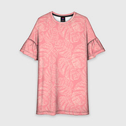 Платье клеш для девочки Бежевые листья монстеры на розовом, цвет: 3D-принт