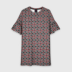 Платье клеш для девочки Красный, черный квадраты на гранжевом сером, цвет: 3D-принт