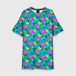Платье клеш для девочки Яркий цветочный узор на бирюзовом фоне, цвет: 3D-принт