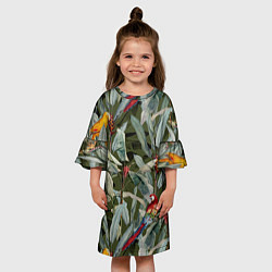 Платье клеш для девочки Попугаи и Цветы Зелёные Джунгли, цвет: 3D-принт — фото 2